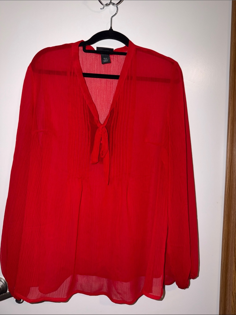 Lane Bryant Red Tie-Neck Pintuck Blouse